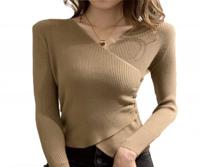 Women Sweaters Fashion Sexy Cross V Neck Long Sleeve Knitted Pullovers Elegant Buttons Basic Sweater Women