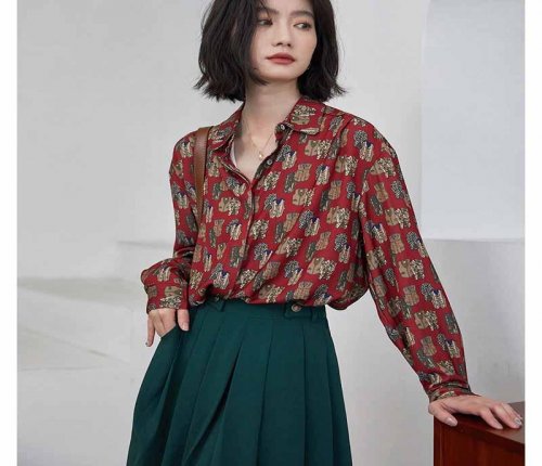 Women Retro Hong Kong Flavor Print Shirt Oil Painting Print Design Blouse Girl Loose Lapel Tops And Blouses New