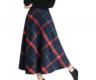 Women's Winter Warm Elastic Waist Wool Plaid A-Line Pleated Long Skirt
