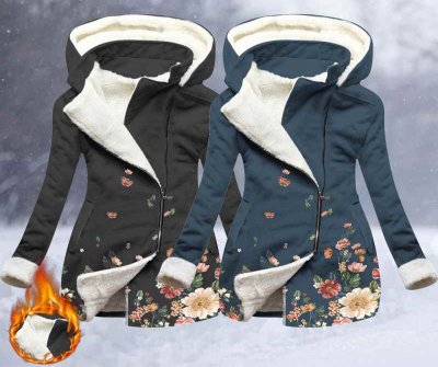 Winter Ladies Hooded Coat Womens Winter Plush Fleece Warm Thick Jackets Floral Print Fur Lined Overcoat Female Zipper Jacket