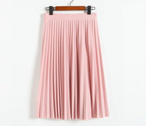 Spring Summer Fashion Women Skirt Elastic High Waist Solid Half Length Pleated Skirts Ladies Black Pink Midi Skirt