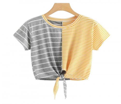 Summer fashion hot sale trend women round neck short sleeve hit color striped classic T shirt short top women#WC8207