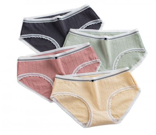 Cotton Briefs Striped Underpants Breathable Sexy Lace Lingerie Mid Waist Womens Underwear Antibacterial Panties