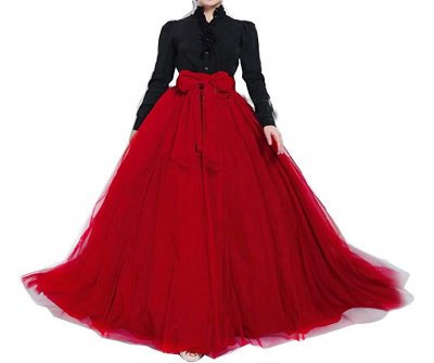 Women Wedding Long Maxi Puffy Tulle Skirt Floor Length A Line with Bowknot Belt High Waisted for Wedding Party Evening