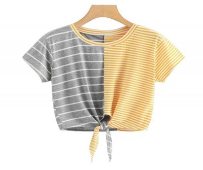 Summer fashion hot sale trend women round neck short sleeve hit color striped classic T shirt short top women#WC8207