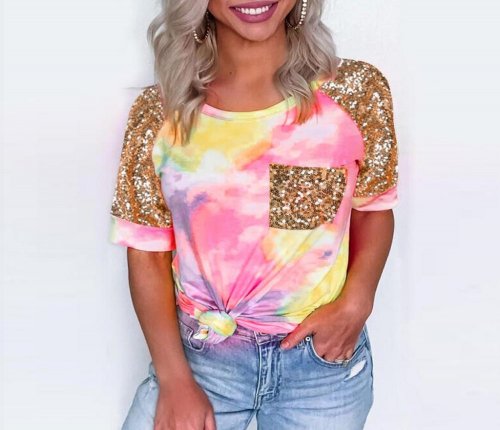 Fashion Women Blouses Casual Tie dye Patchwork Sequin Pocket Shirt Summer Womens Shirts Short Sleeve Tops Camicette Donna 7