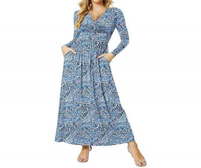 Women Long Sleeve Deep V-Neck Casual Long Dress Pleated Waist Maxi Dresses with Pockets