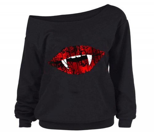 New Style Halloween Blouses Women Oblique Colla Gothic Punk Devil Teeth Printed Skew Collar Blouse Shirt