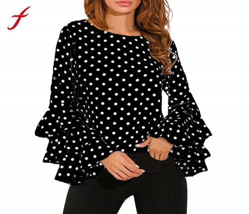 Women Polka Dot Ruffle Blouse Tops Long Sleeves O Neck Elegant Ladies Casual Office Shirt Female Tunics Plus Size 5XL0