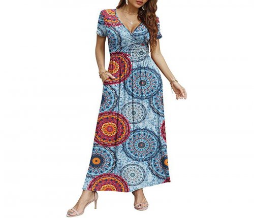 Women Long Sleeve Deep V-Neck Casual Long Dress Pleated Waist Maxi Dresses with Pockets